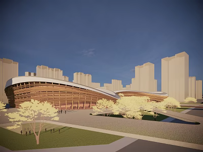 Contemporary Curved Wooden Architecture With Urban Tall Buildings And Green Trees 3d model