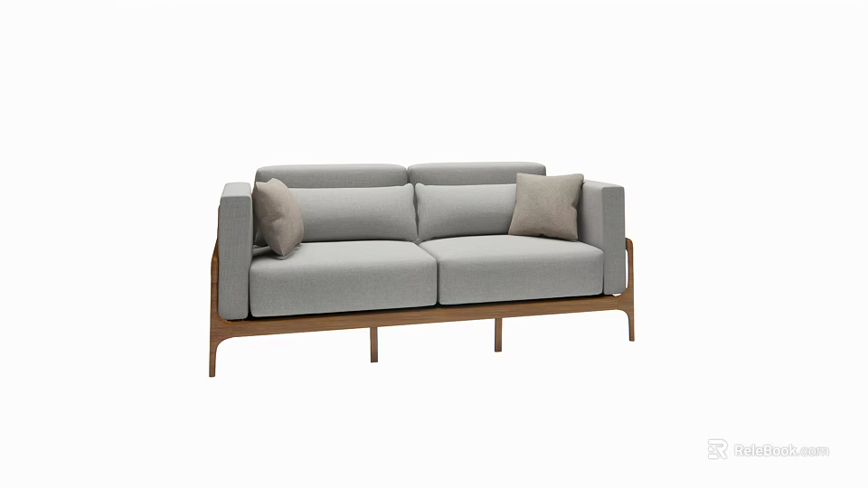Light Grey Two Seater Sofa With Wooden Frame And Soft Cushions 3d model