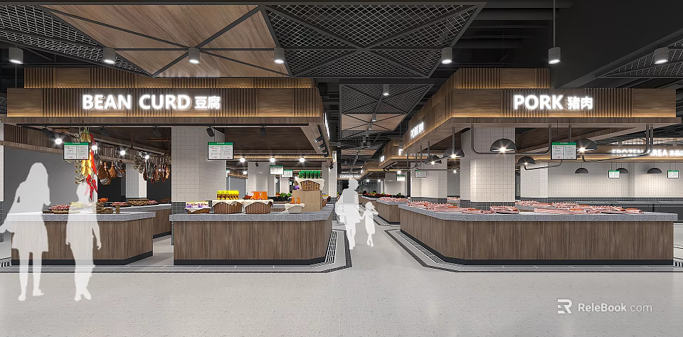 Modern Supermarket Grocery Interior With Fresh Tofu Pork Stalls And Produce Sections 3d model 