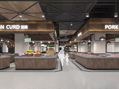 Modern Supermarket Grocery Interior With Fresh Tofu Pork Stalls And Produce Sections 3d model