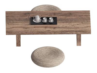 Wooden Dining Table Set With Rattan Chair Cushion And Black Tray Cup Saucers 3d model
