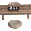 Wooden Dining Table Set With Rattan Chair Cushion And Black Tray Cup Saucers