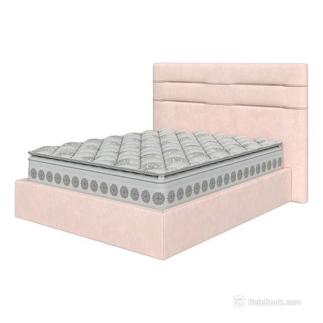 Modern Double Bed With Pink Headboard Gray Mattress And Patterned Design 3d model 