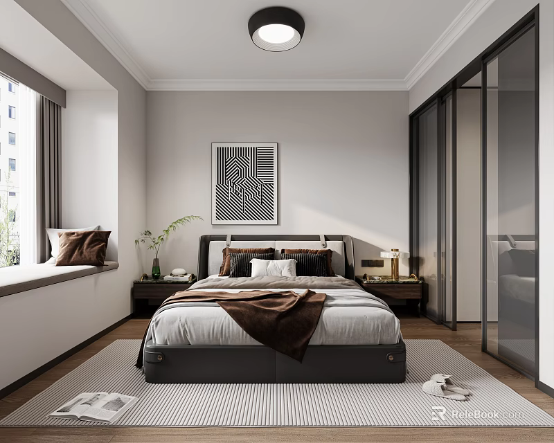 Modern Bedroom Interior With Bed Decorative Painting Wardrobe Nightstand Window And Rug 3d model 