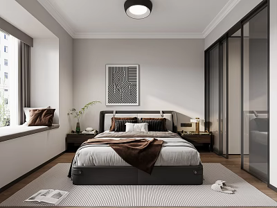 Modern Bedroom Interior With Bed Decorative Painting Wardrobe Nightstand Window And Rug 3d model