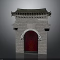 Traditional Chinese Ancient Gate With Green Tile Roof Stone Wall And Red Wooden Door