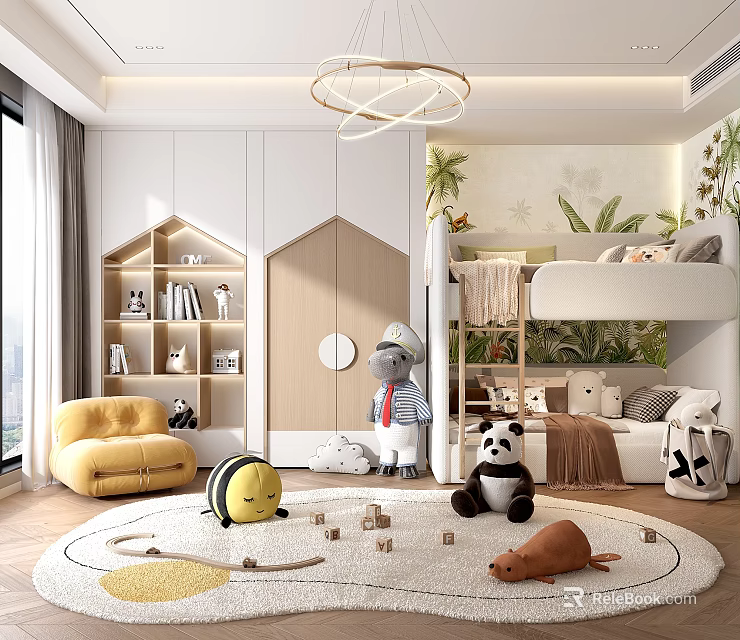 Modern Kids Room With Bunk Bed Plush Toys And Bookshelf 3d model 