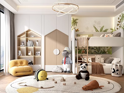 Modern Kids Room With Bunk Bed Plush Toys And Bookshelf 3d model