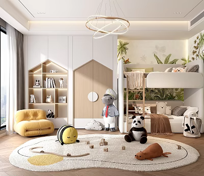 Modern Kids Room With Bunk Bed Plush Toys And Bookshelf 3d model