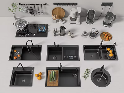 Modern dish washing basin sink gas stove 3d model