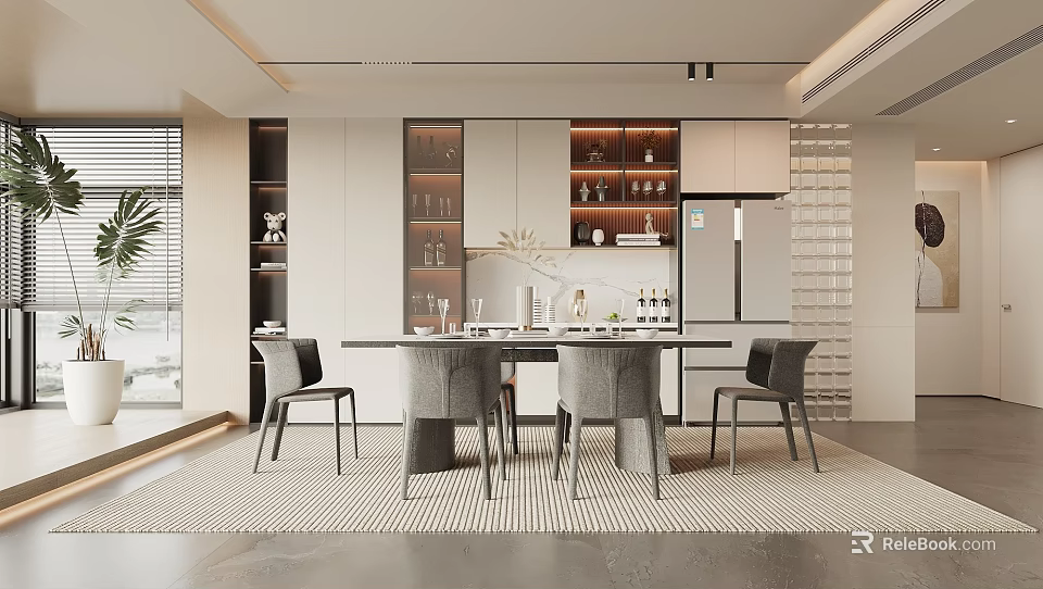 Modern Restaurant Dining Area With Sleek Gray Table Four Chairs Wine Racks And Cabinets 3d model 