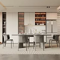 Modern Restaurant Dining Area With Sleek Gray Table Four Chairs Wine Racks And Cabinets