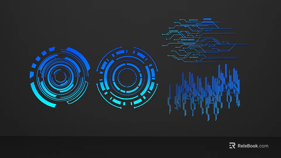 Blue Tech Inspired Commercial Equipment With Circular Dashboard Circuit Lines And Data Columns 3d model