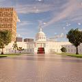 United States Capitol White Building Dome Plaza With Trees Blue Sky And White Clouds
