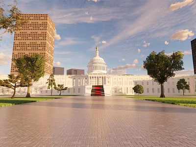 United States Capitol White Building Dome Plaza With Trees Blue Sky And White Clouds 3d model