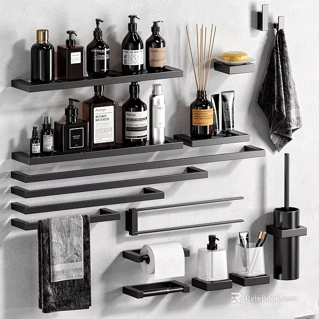 Organized Bathroom Toiletries On Floating Shelves With Bottles Towels Soap And Toilet Paper Holder 3d model 