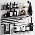 Organized Bathroom Toiletries On Floating Shelves With Bottles Towels Soap And Toilet Paper Holder