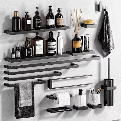 Organized Bathroom Toiletries On Floating Shelves With Bottles Towels Soap And Toilet Paper Holder 3d model