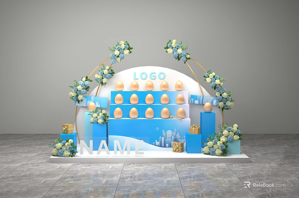 Commercial Display Equipment With Egg Shaped Displays Floral Decorations Brand Logo And Name 3d model 