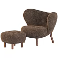 Beige Plush Single Sofa with Tufted Design Curved Armrests and Matching Ottoman Wooden Legs
