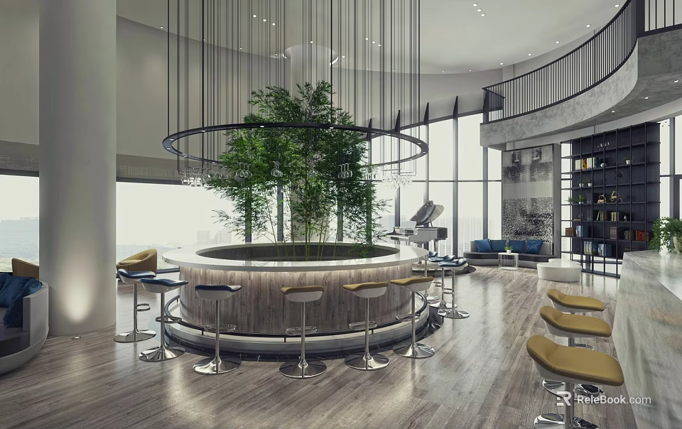 Modern Hotel Public Lounge With Circular Bar Green Plants High Stools Large Windows And Bookshelves 3d model 