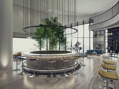 Modern Hotel Public Lounge With Circular Bar Green Plants High Stools Large Windows And Bookshelves 3d model