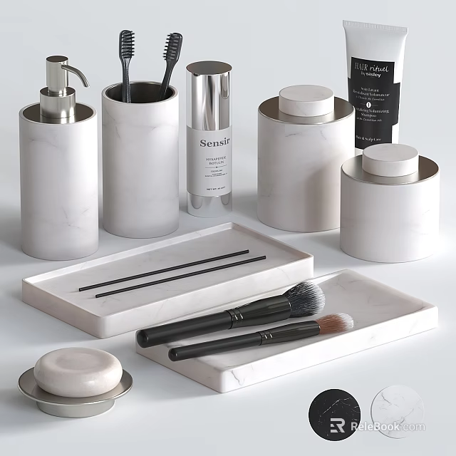 Marble Daily Washing Bathroom Accessories With Pump Bottle Soap Dish Brush Holder And Storage Jars 3d model 