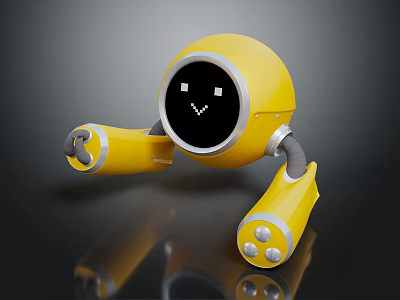 Yellow Smart Robot With Round Head Smiling Face And Flexible Arms 3d model