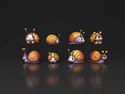 Cute Cartoon Reptile Snails With Colorful Shells And Antennae In Various Poses 3d model