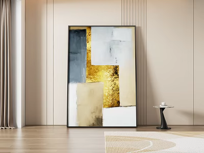 Modern Abstract Painting With Gray Gold Beige White Tones In Black Frame On Beige Wall 3d model