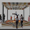 Vibrant Colorful Striped Pavilion With Fruit Stand And People Interacting