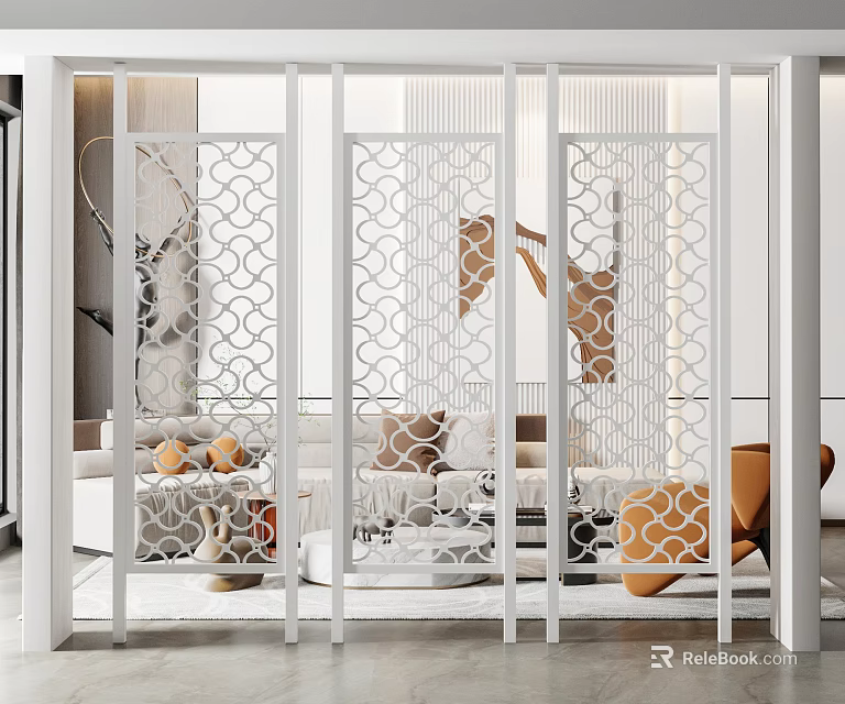 White Decorative Room Divider With Geometric Pattern In Modern Living Room 3d model