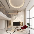 Duplex Living Room Interior Design With Spiral Staircase Marble Dining Table And Globe Chandelier