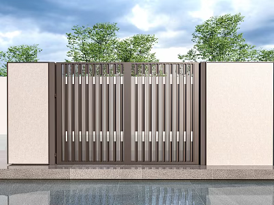 Modern Entrance Gate With Slatted Metal Design Beige Walls Green Trees Blue Sky 3d model