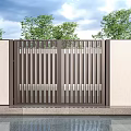 Modern Entrance Gate With Slatted Metal Design Beige Walls Green Trees Blue Sky