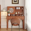 Wooden Decorative Cabinet with Round Mirror Multilayer Shelves Displaying Vase Skincare Decorations and Wooden Chair
