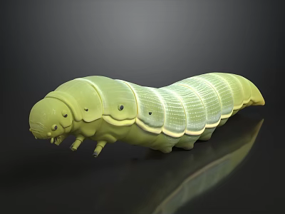 Green Caterpillar Model Long Segmented Body Textured Surface Small Legs Black Reflective Background 3d model