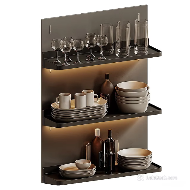 Stylish Dinnerware Set With Mugs Plates Wine Glasses And Bottles On Floating Shelves 3d model 