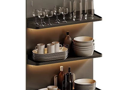 Stylish Dinnerware Set With Mugs Plates Wine Glasses And Bottles On Floating Shelves 3d model