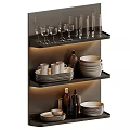 Stylish Dinnerware Set With Mugs Plates Wine Glasses And Bottles On Floating Shelves