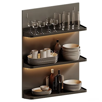 Stylish Dinnerware Set With Mugs Plates Wine Glasses And Bottles On Floating Shelves 3d model