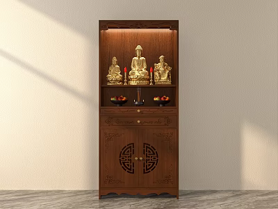 Chinese Style Wooden Buddhist Shrine Cabinet With Carved Details Golden Buddha Statues And Openwork Doors 3d model