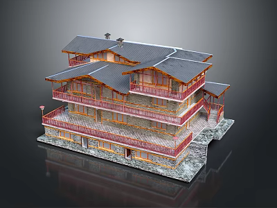 Traditional Chinese Ancient Architecture With Multi Story Structure Grey Tiled Roof And Red Wooden Railings 3d model