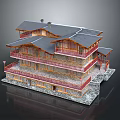 Traditional Chinese Ancient Architecture With Multi Story Structure Grey Tiled Roof And Red Wooden Railings