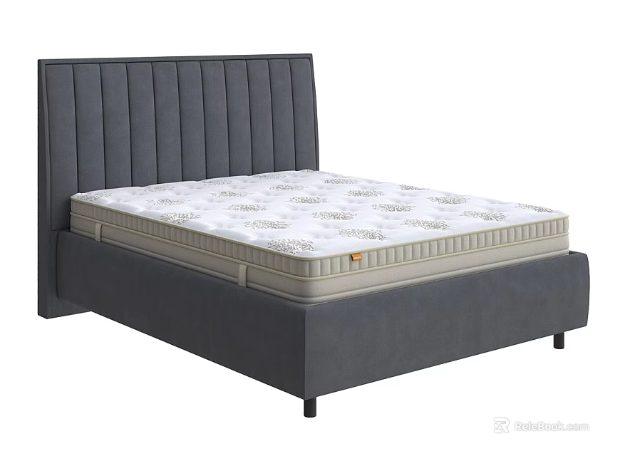 Modern Double Bed With Gray Vertical Striped Headboard And White Patterned Mattress 3d model