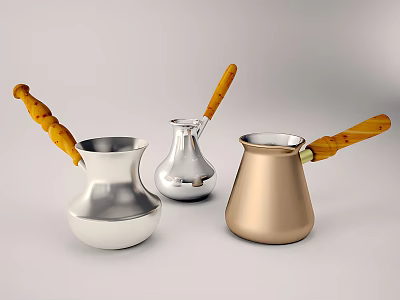 Stylish Metal Coffee Pots With Wooden Handles In White Silver And Gold 3d model