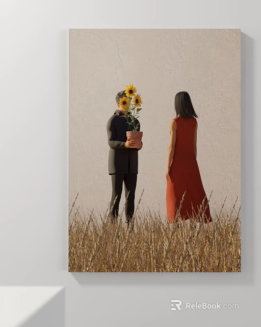 Figurative Painting of Man Holding Sunflowers Woman in Red Dress in Wheat Field White Background 3d model 