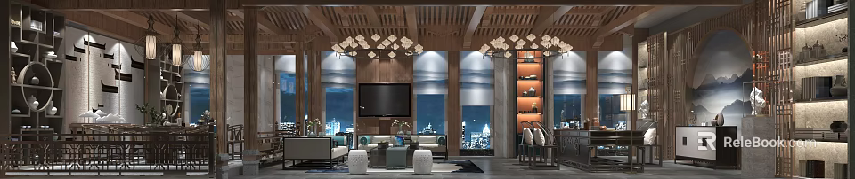 Modern Office Interior With Wooden Ceiling Chandeliers Large TV Sofas And Floor to Ceiling Windows 3d model 