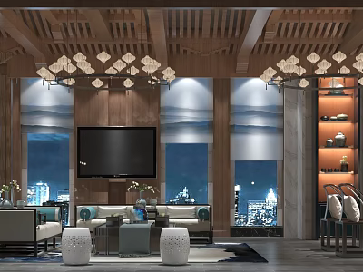 Modern Office Interior With Wooden Ceiling Chandeliers Large TV Sofas And Floor to Ceiling Windows 3d model
