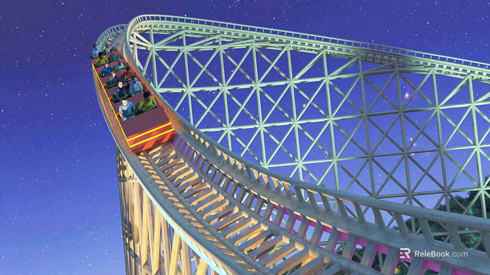 Roller Coaster Ride with Curved Track and Lattice Structure under Night Sky with Passengers 3d model 
